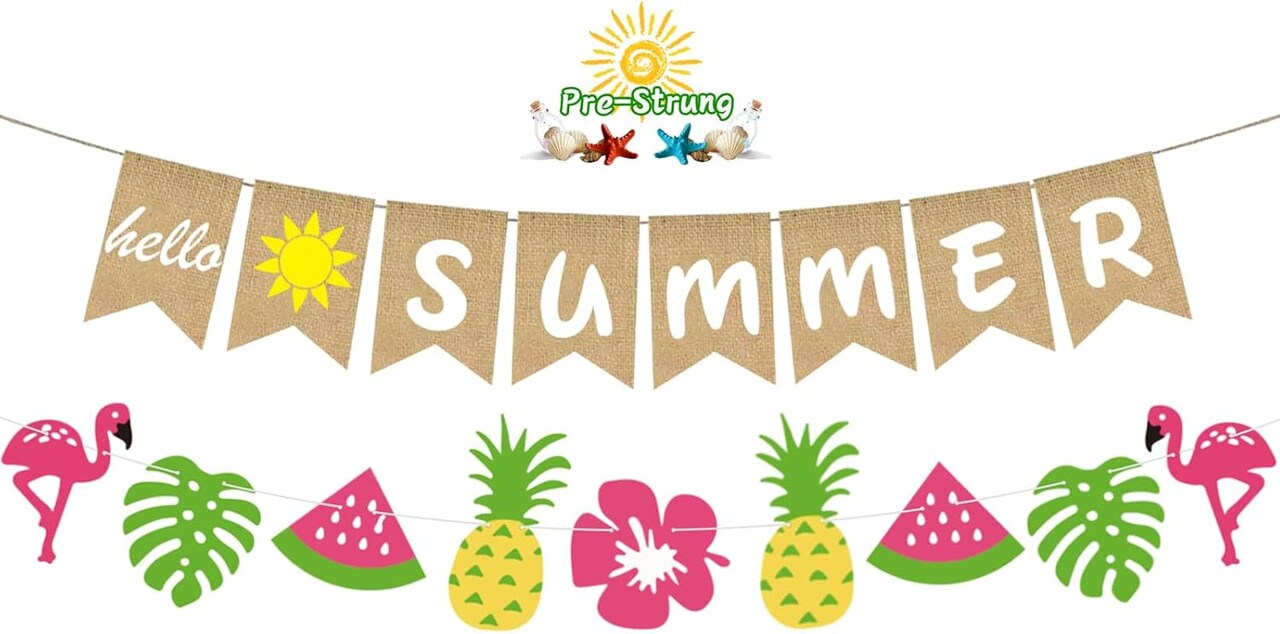 17-Piece Hello Summer Party Decor Set | Premium Burlap Banner & Hawaiian Garland, No-DIY Classic HD-Printed Tropical Luau Decorations for Birthday, Baby Shower & Pool Party